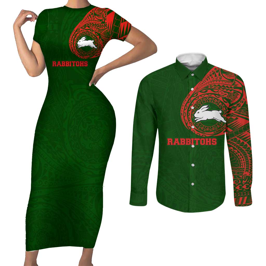 Personalized South Sydney Rabbitohs Couples Matching Short Sleeve Bodycon Dress and Long Sleeve Button Shirt Polynesian Tribal Chest and Sleeve Tattoo