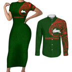 Personalized South Sydney Rabbitohs Couples Matching Short Sleeve Bodycon Dress and Long Sleeve Button Shirt Polynesian Tribal Chest and Sleeve Tattoo