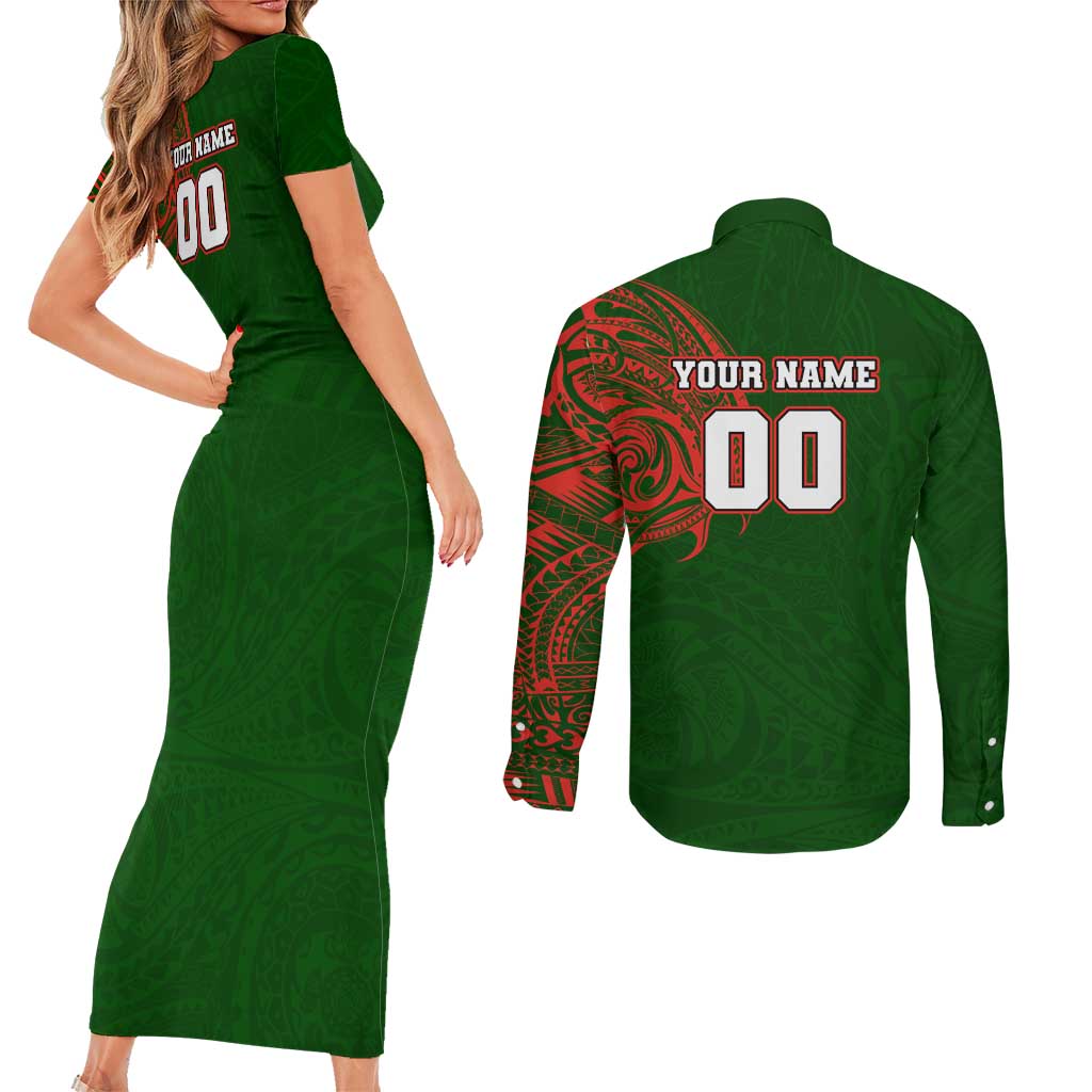 Personalized South Sydney Rabbitohs Couples Matching Short Sleeve Bodycon Dress and Long Sleeve Button Shirt Polynesian Tribal Chest and Sleeve Tattoo
