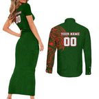 Personalized South Sydney Rabbitohs Couples Matching Short Sleeve Bodycon Dress and Long Sleeve Button Shirt Polynesian Tribal Chest and Sleeve Tattoo