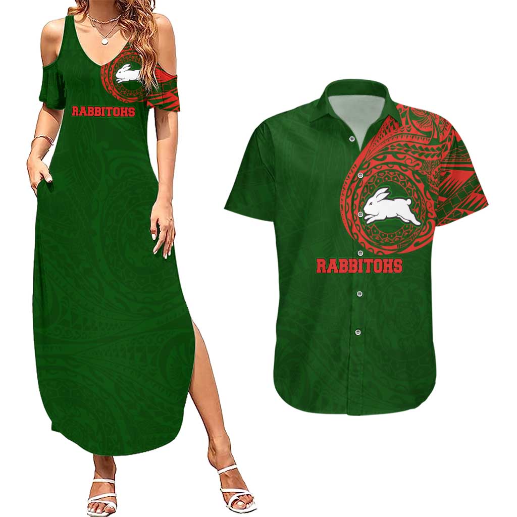 Personalized South Sydney Rabbitohs Couples Matching Summer Maxi Dress and Hawaiian Shirt Polynesian Tribal Chest and Sleeve Tattoo