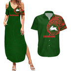 Personalized South Sydney Rabbitohs Couples Matching Summer Maxi Dress and Hawaiian Shirt Polynesian Tribal Chest and Sleeve Tattoo