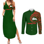 Personalized South Sydney Rabbitohs Couples Matching Summer Maxi Dress and Long Sleeve Button Shirt Polynesian Tribal Chest and Sleeve Tattoo