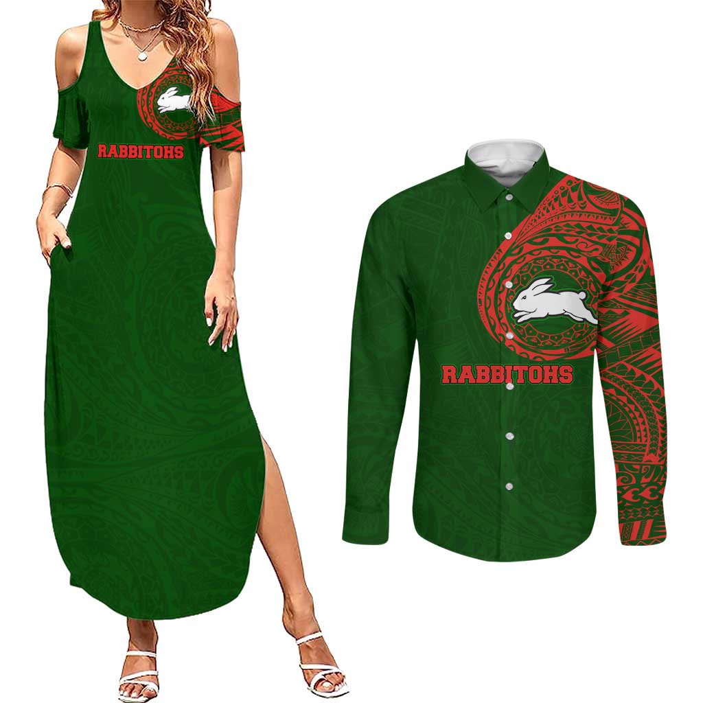 Personalized South Sydney Rabbitohs Couples Matching Summer Maxi Dress and Long Sleeve Button Shirt Polynesian Tribal Chest and Sleeve Tattoo
