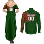 Personalized South Sydney Rabbitohs Couples Matching Summer Maxi Dress and Long Sleeve Button Shirt Polynesian Tribal Chest and Sleeve Tattoo