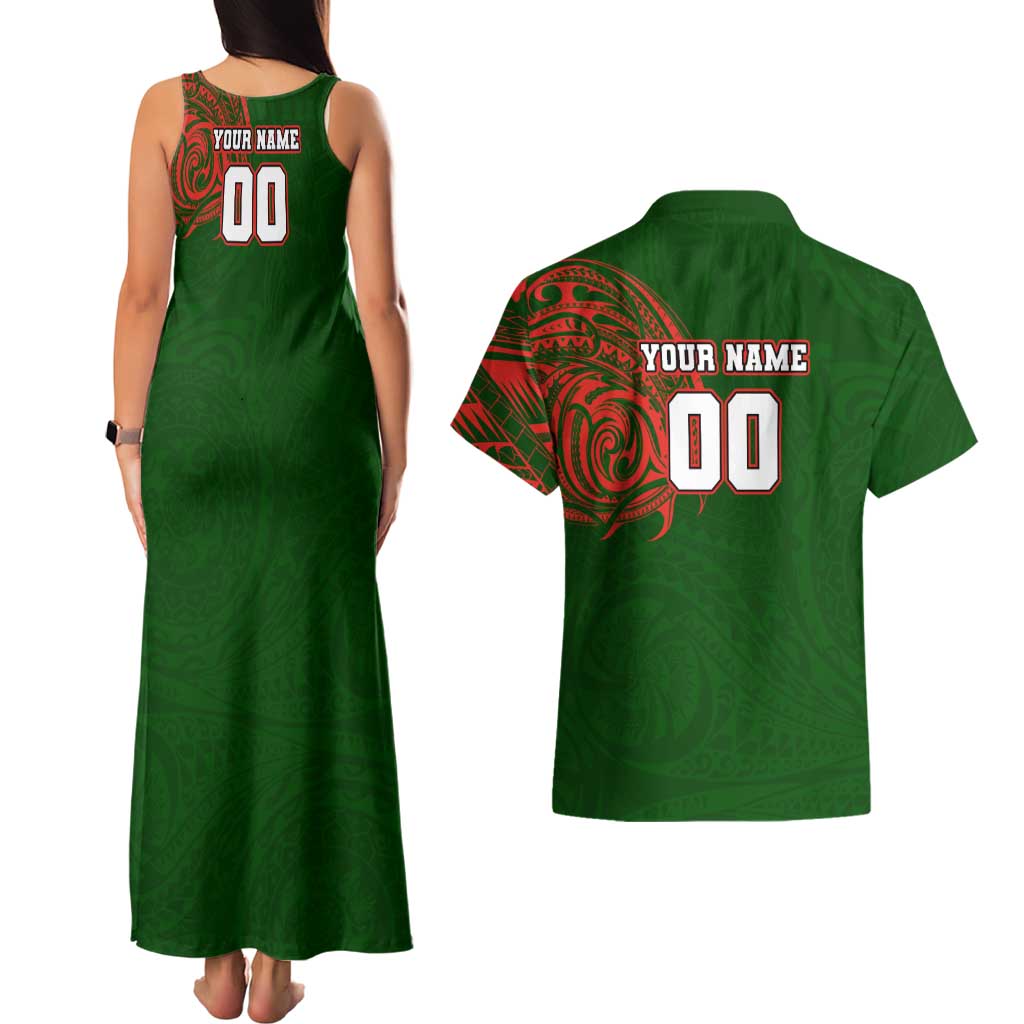 Personalized South Sydney Rabbitohs Couples Matching Tank Maxi Dress and Hawaiian Shirt Polynesian Tribal Chest and Sleeve Tattoo