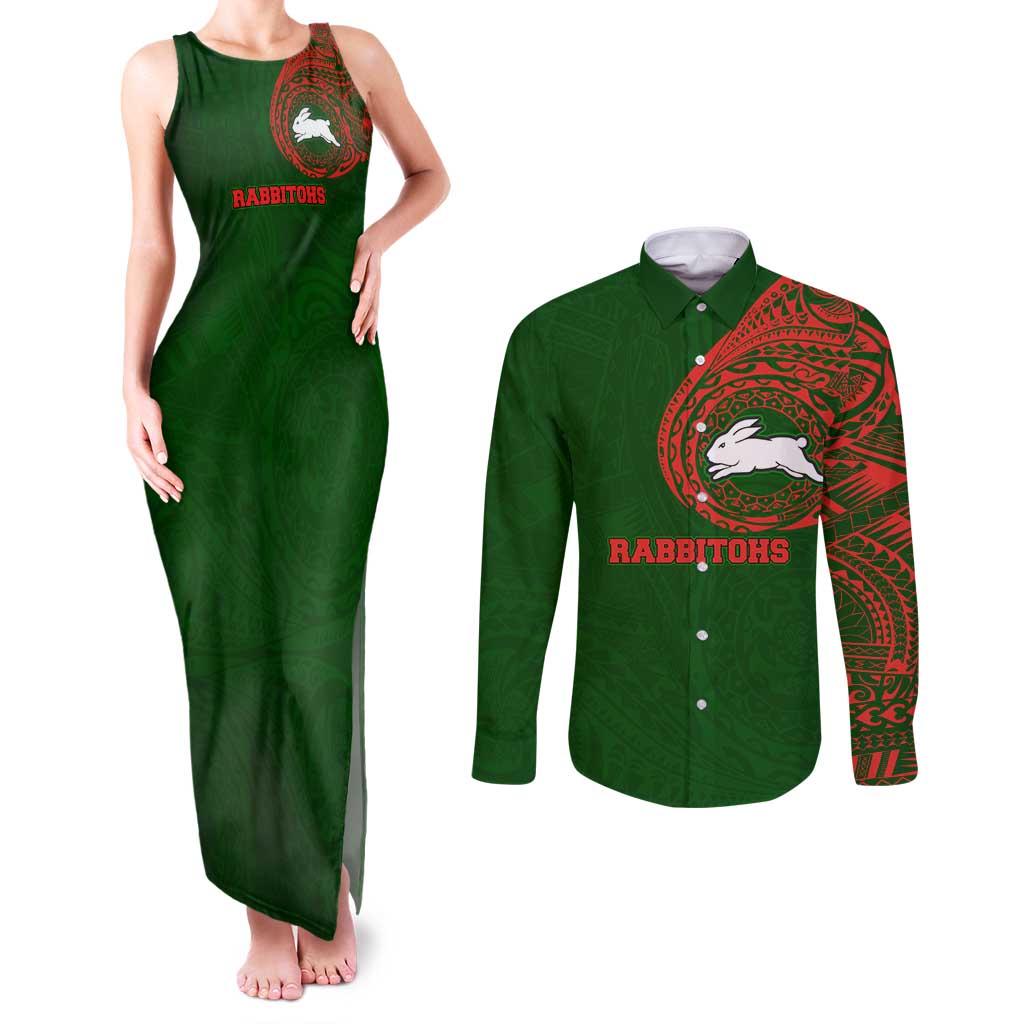 Personalized South Sydney Rabbitohs Couples Matching Tank Maxi Dress and Long Sleeve Button Shirt Polynesian Tribal Chest and Sleeve Tattoo