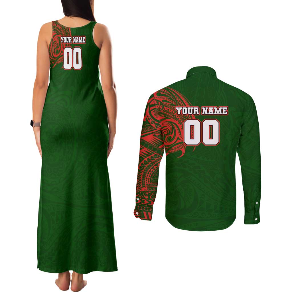 Personalized South Sydney Rabbitohs Couples Matching Tank Maxi Dress and Long Sleeve Button Shirt Polynesian Tribal Chest and Sleeve Tattoo