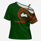 Personalized South Sydney Rabbitohs Cross Shoulder Shirt Polynesian Tribal Chest and Sleeve Tattoo