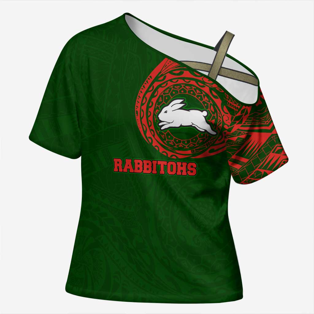 Personalized South Sydney Rabbitohs Cross Shoulder Shirt Polynesian Tribal Chest and Sleeve Tattoo