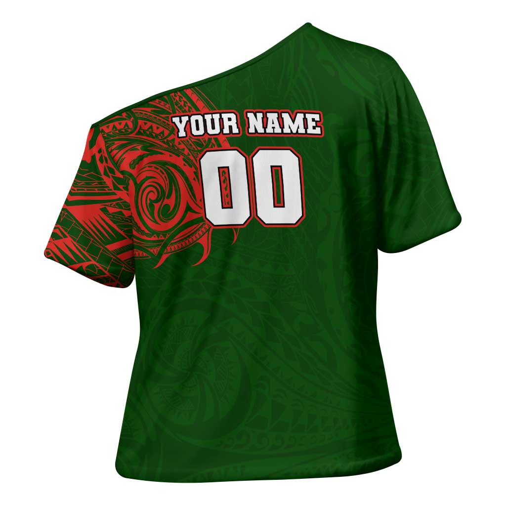 Personalized South Sydney Rabbitohs Cross Shoulder Shirt Polynesian Tribal Chest and Sleeve Tattoo