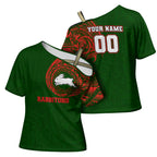 Personalized South Sydney Rabbitohs Cross Shoulder Shirt Polynesian Tribal Chest and Sleeve Tattoo