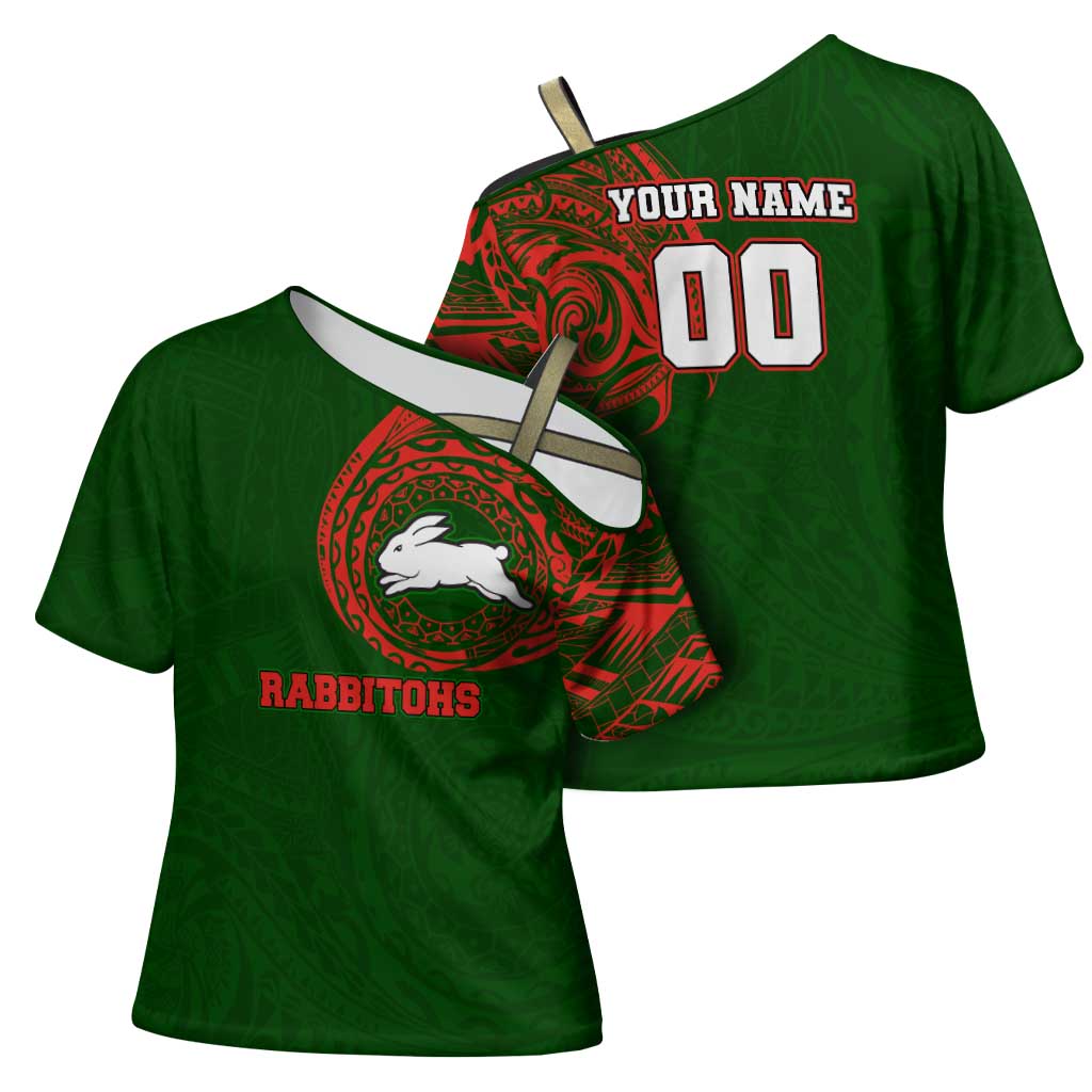 Personalized South Sydney Rabbitohs Cross Shoulder Shirt Polynesian Tribal Chest and Sleeve Tattoo