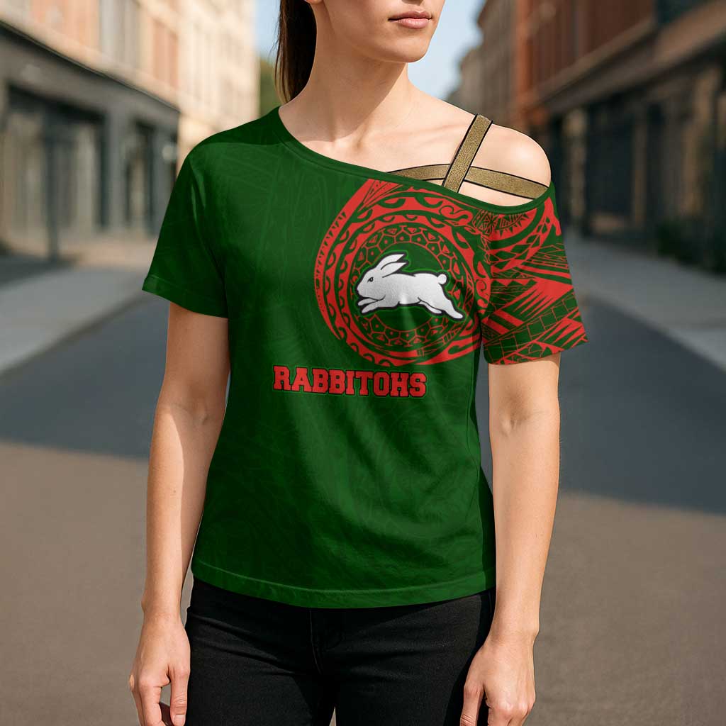 Personalized South Sydney Rabbitohs Cross Shoulder Shirt Polynesian Tribal Chest and Sleeve Tattoo