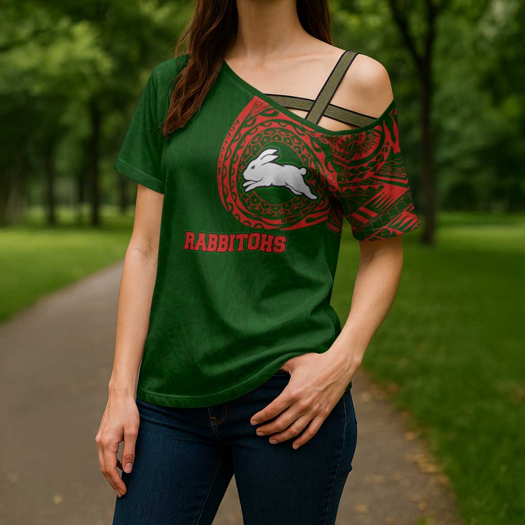 Personalized South Sydney Rabbitohs Cross Shoulder Shirt Polynesian Tribal Chest and Sleeve Tattoo