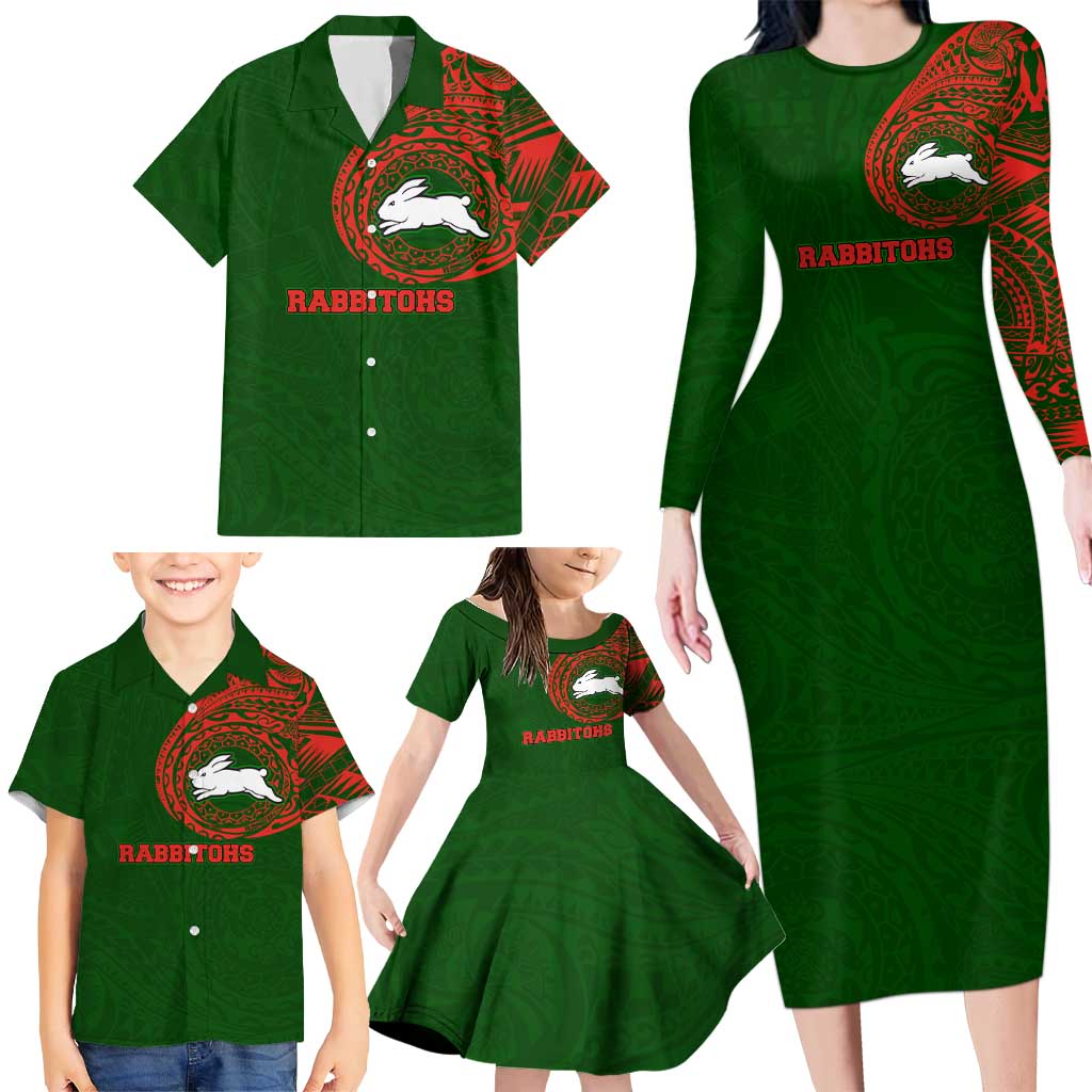 Personalized South Sydney Rabbitohs Family Matching Long Sleeve Bodycon Dress and Hawaiian Shirt Polynesian Tribal Chest and Sleeve Tattoo