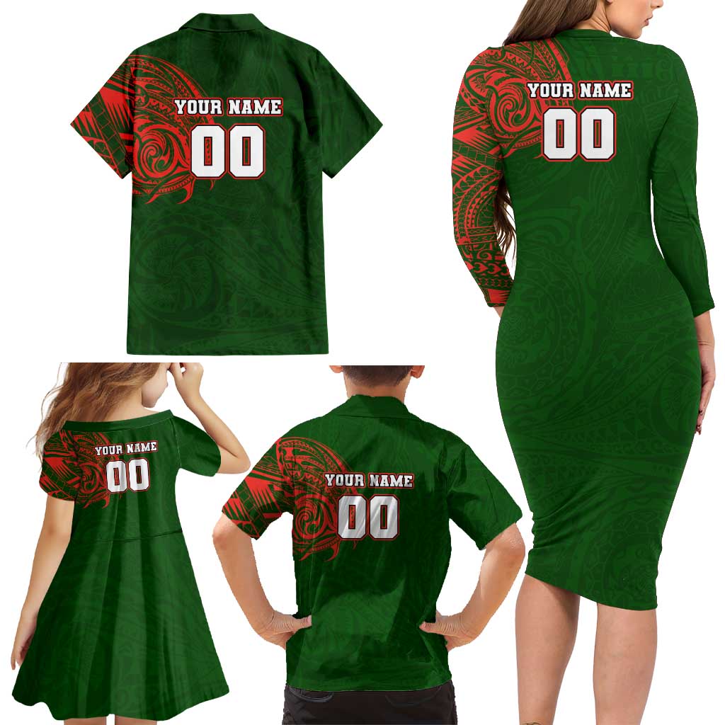 Personalized South Sydney Rabbitohs Family Matching Long Sleeve Bodycon Dress and Hawaiian Shirt Polynesian Tribal Chest and Sleeve Tattoo