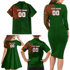Personalized South Sydney Rabbitohs Family Matching Long Sleeve Bodycon Dress and Hawaiian Shirt Polynesian Tribal Chest and Sleeve Tattoo