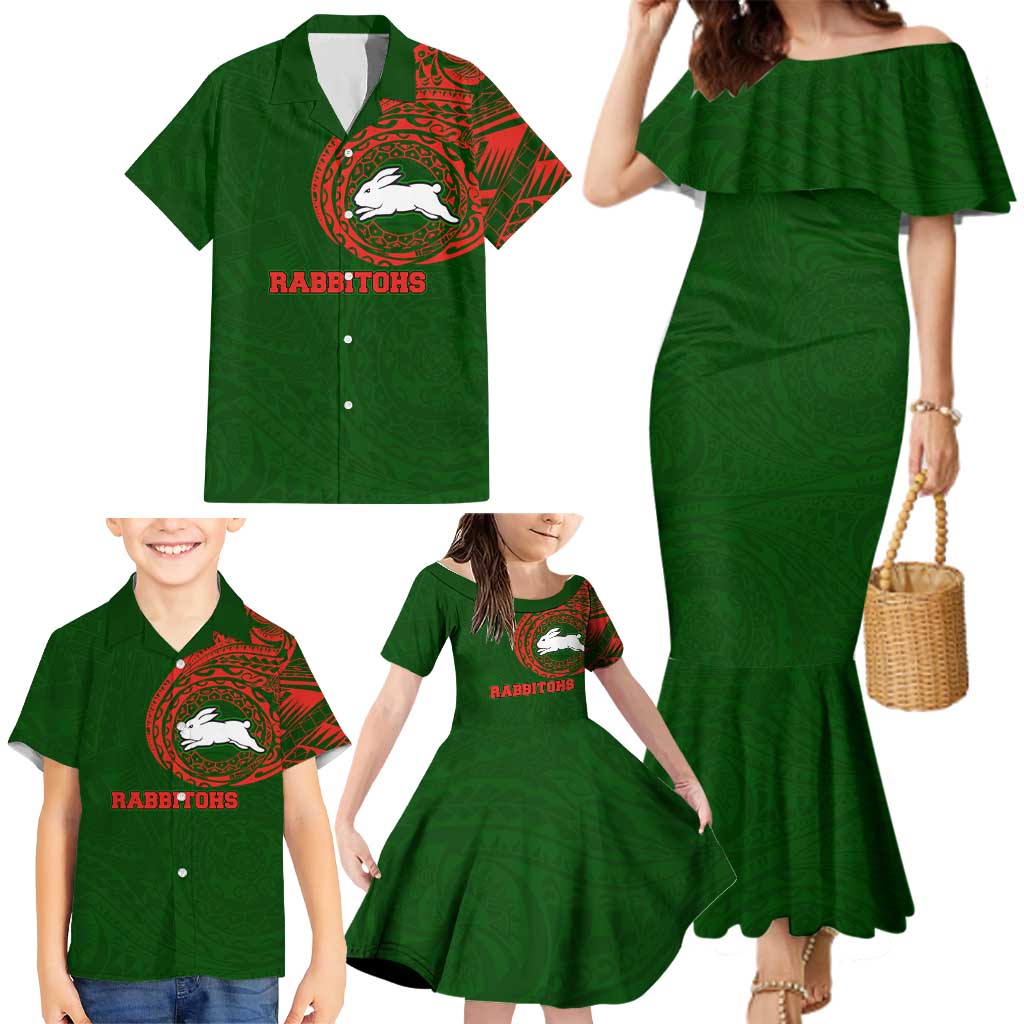 Personalized South Sydney Rabbitohs Family Matching Mermaid Dress and Hawaiian Shirt Polynesian Tribal Chest and Sleeve Tattoo