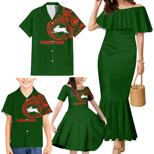Personalized South Sydney Rabbitohs Family Matching Mermaid Dress and Hawaiian Shirt Polynesian Tribal Chest and Sleeve Tattoo