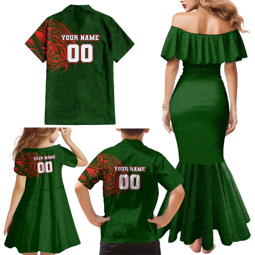 Personalized South Sydney Rabbitohs Family Matching Mermaid Dress and Hawaiian Shirt Polynesian Tribal Chest and Sleeve Tattoo