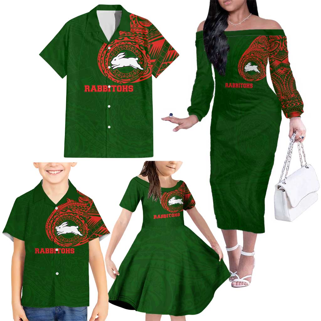 Personalized South Sydney Rabbitohs Family Matching Off The Shoulder Long Sleeve Dress and Hawaiian Shirt Polynesian Tribal Chest and Sleeve Tattoo