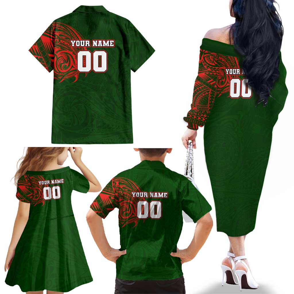 Personalized South Sydney Rabbitohs Family Matching Off The Shoulder Long Sleeve Dress and Hawaiian Shirt Polynesian Tribal Chest and Sleeve Tattoo