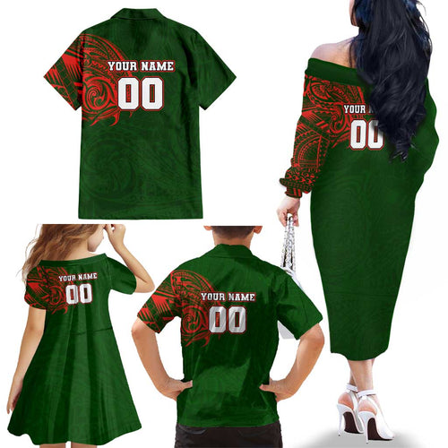 Personalized South Sydney Rabbitohs Family Matching Off The Shoulder Long Sleeve Dress and Hawaiian Shirt Polynesian Tribal Chest and Sleeve Tattoo