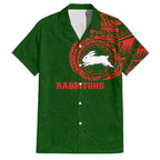 Personalized South Sydney Rabbitohs Family Matching Off The Shoulder Long Sleeve Dress and Hawaiian Shirt Polynesian Tribal Chest and Sleeve Tattoo