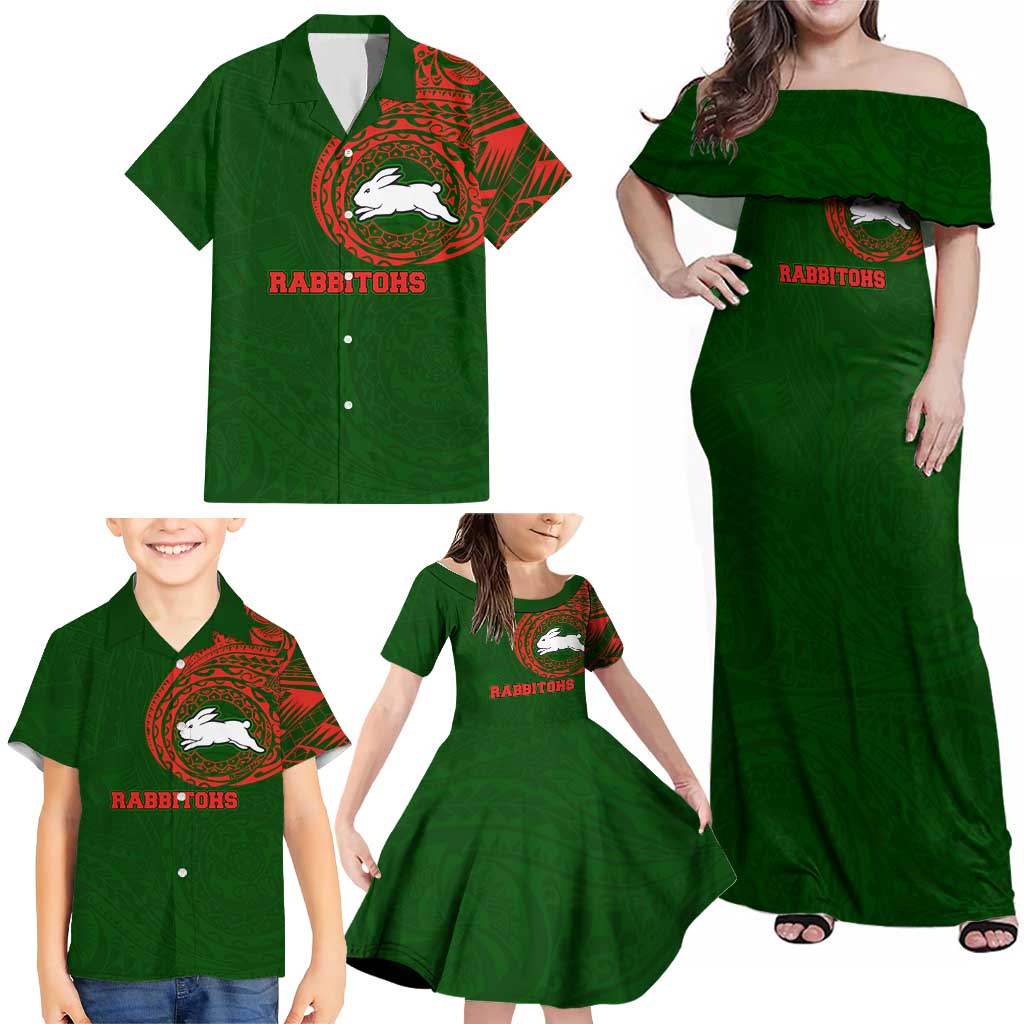 Personalized South Sydney Rabbitohs Family Matching Off Shoulder Maxi Dress and Hawaiian Shirt Polynesian Tribal Chest and Sleeve Tattoo