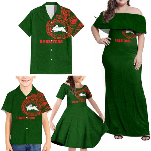 Personalized South Sydney Rabbitohs Family Matching Off Shoulder Maxi Dress and Hawaiian Shirt Polynesian Tribal Chest and Sleeve Tattoo