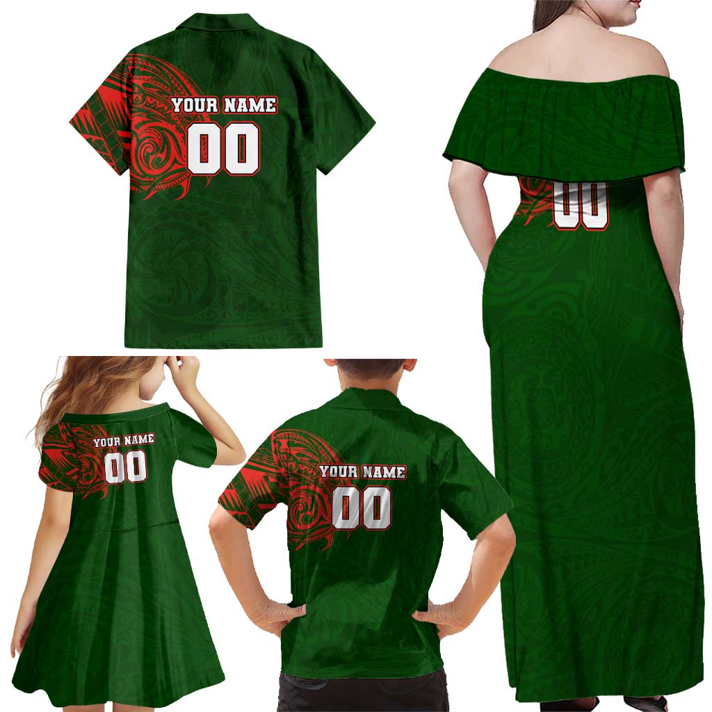 Personalized South Sydney Rabbitohs Family Matching Off Shoulder Maxi Dress and Hawaiian Shirt Polynesian Tribal Chest and Sleeve Tattoo