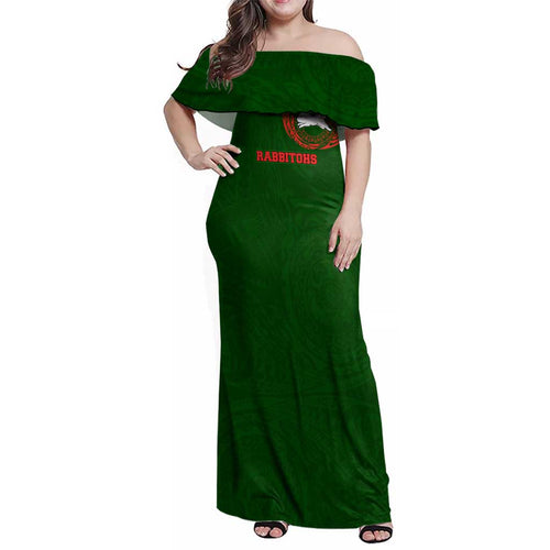 Personalized South Sydney Rabbitohs Family Matching Off Shoulder Maxi Dress and Hawaiian Shirt Polynesian Tribal Chest and Sleeve Tattoo