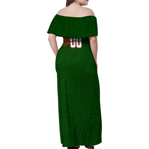 Personalized South Sydney Rabbitohs Family Matching Off Shoulder Maxi Dress and Hawaiian Shirt Polynesian Tribal Chest and Sleeve Tattoo
