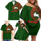 Personalized South Sydney Rabbitohs Family Matching Off Shoulder Short Dress and Hawaiian Shirt Polynesian Tribal Chest and Sleeve Tattoo
