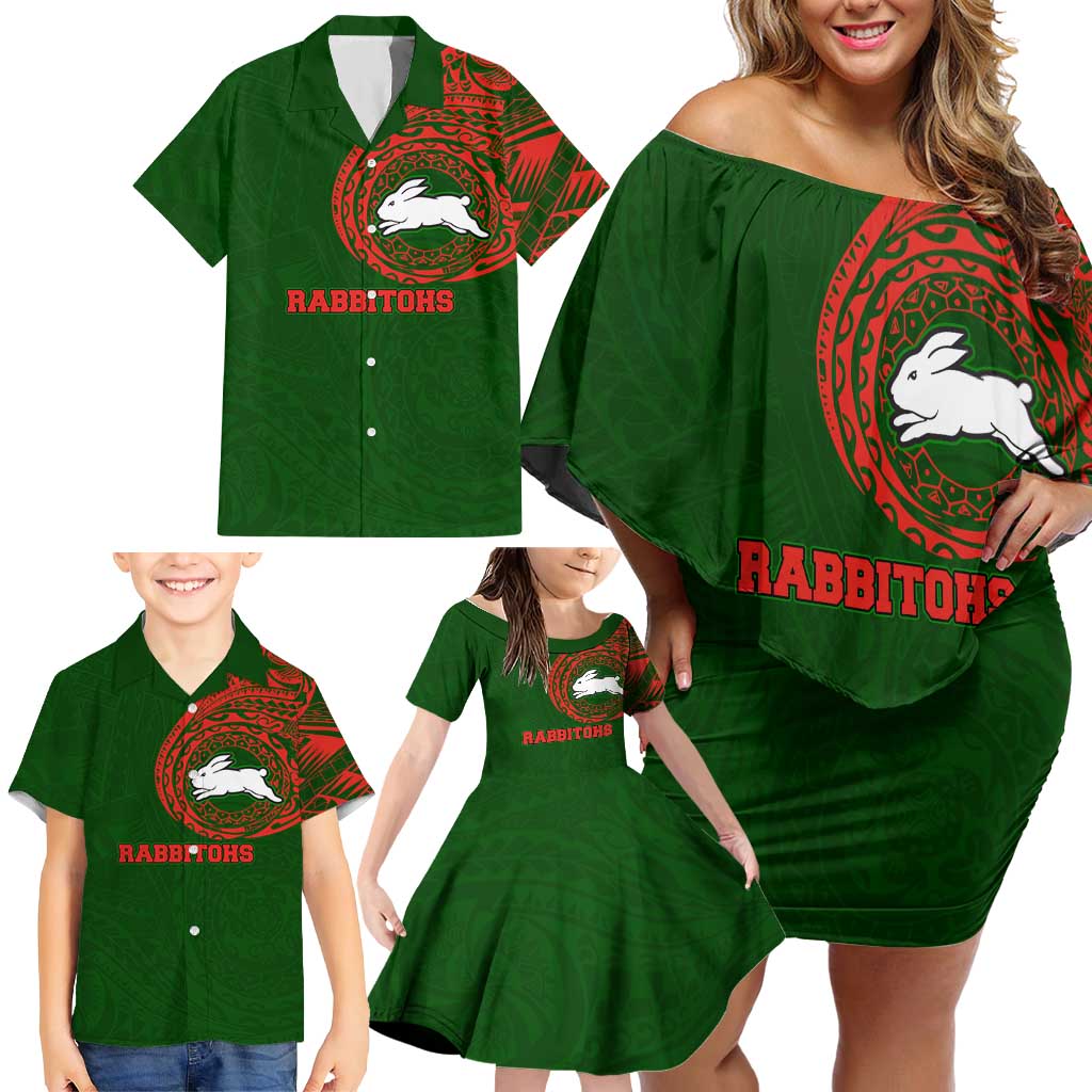 Personalized South Sydney Rabbitohs Family Matching Off Shoulder Short Dress and Hawaiian Shirt Polynesian Tribal Chest and Sleeve Tattoo