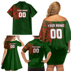 Personalized South Sydney Rabbitohs Family Matching Off Shoulder Short Dress and Hawaiian Shirt Polynesian Tribal Chest and Sleeve Tattoo