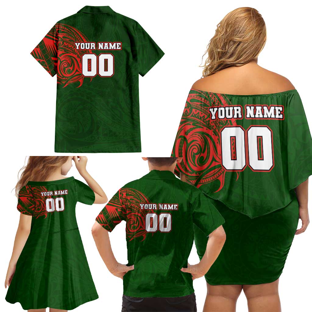 Personalized South Sydney Rabbitohs Family Matching Off Shoulder Short Dress and Hawaiian Shirt Polynesian Tribal Chest and Sleeve Tattoo