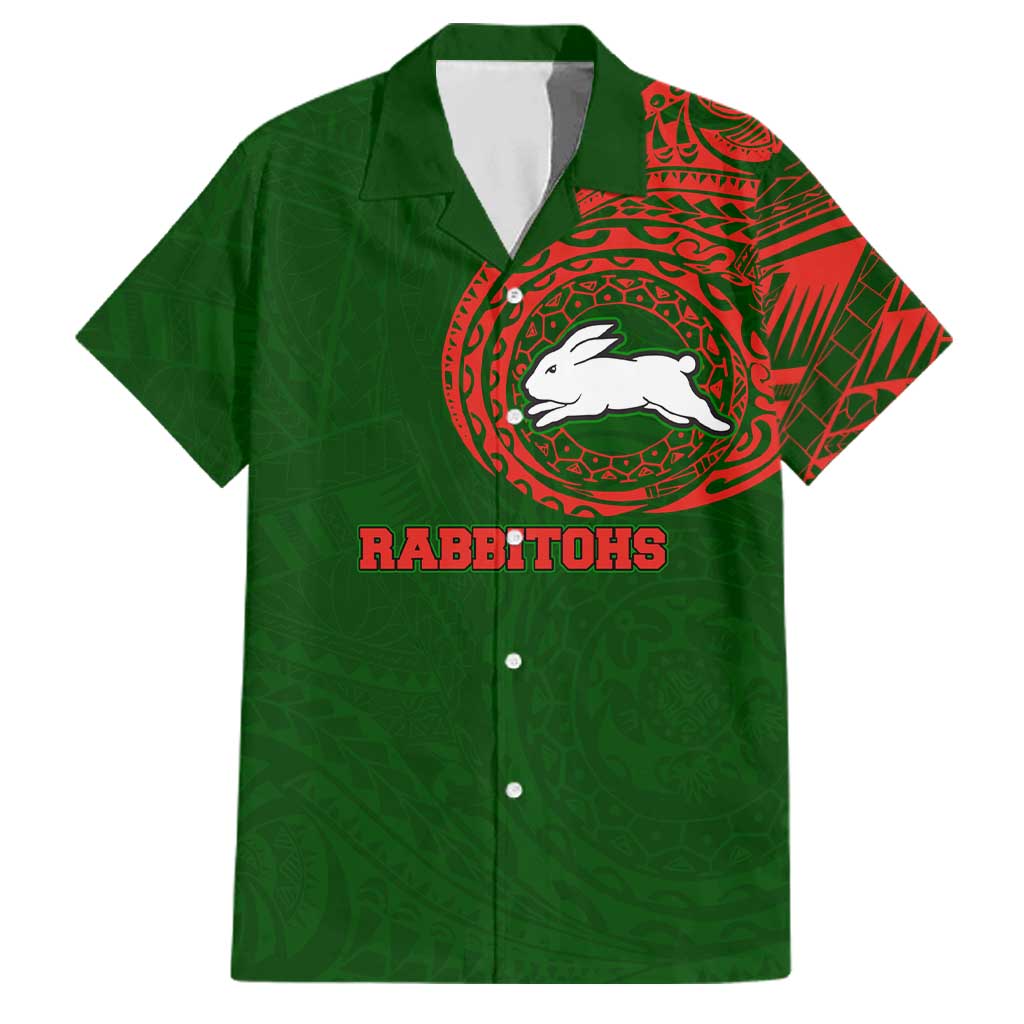 Personalized South Sydney Rabbitohs Family Matching Off Shoulder Short Dress and Hawaiian Shirt Polynesian Tribal Chest and Sleeve Tattoo