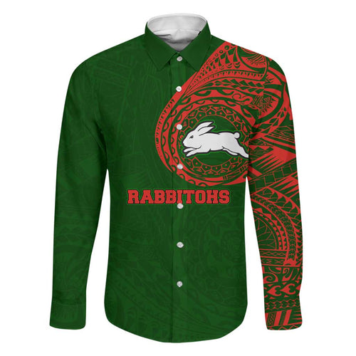 Personalized South Sydney Rabbitohs Family Matching Off Shoulder Short Dress and Hawaiian Shirt Polynesian Tribal Chest and Sleeve Tattoo