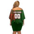 Personalized South Sydney Rabbitohs Family Matching Off Shoulder Short Dress and Hawaiian Shirt Polynesian Tribal Chest and Sleeve Tattoo