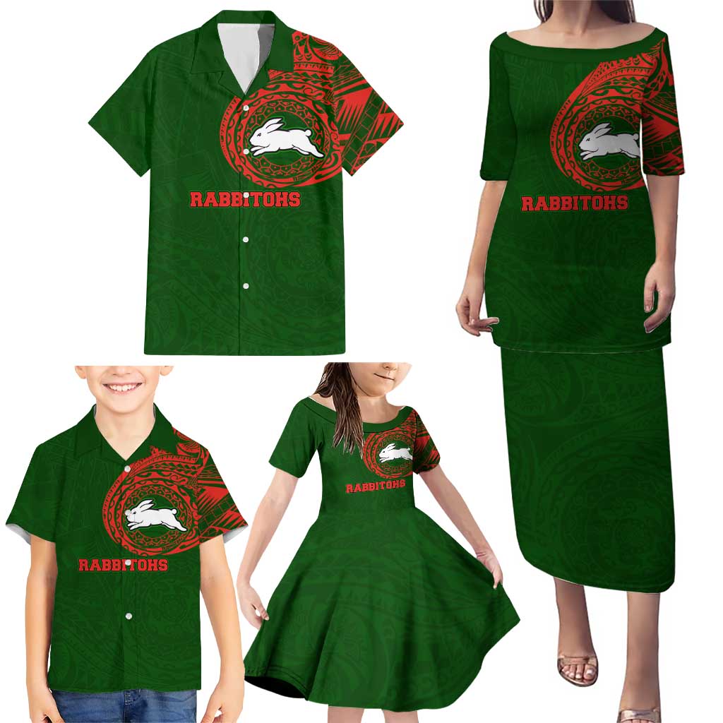 Personalized South Sydney Rabbitohs Family Matching Puletasi and Hawaiian Shirt Polynesian Tribal Chest and Sleeve Tattoo