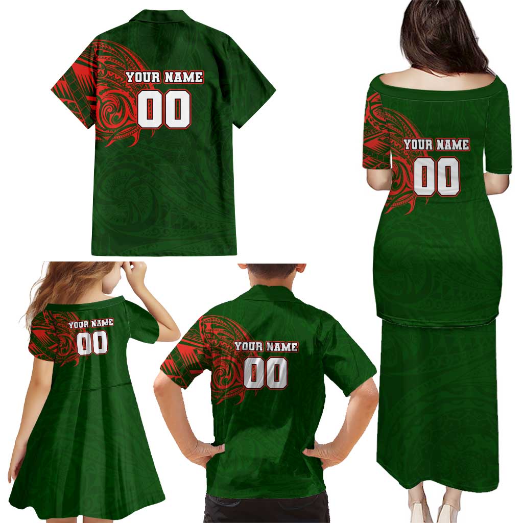Personalized South Sydney Rabbitohs Family Matching Puletasi and Hawaiian Shirt Polynesian Tribal Chest and Sleeve Tattoo