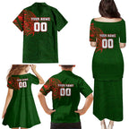 Personalized South Sydney Rabbitohs Family Matching Puletasi and Hawaiian Shirt Polynesian Tribal Chest and Sleeve Tattoo