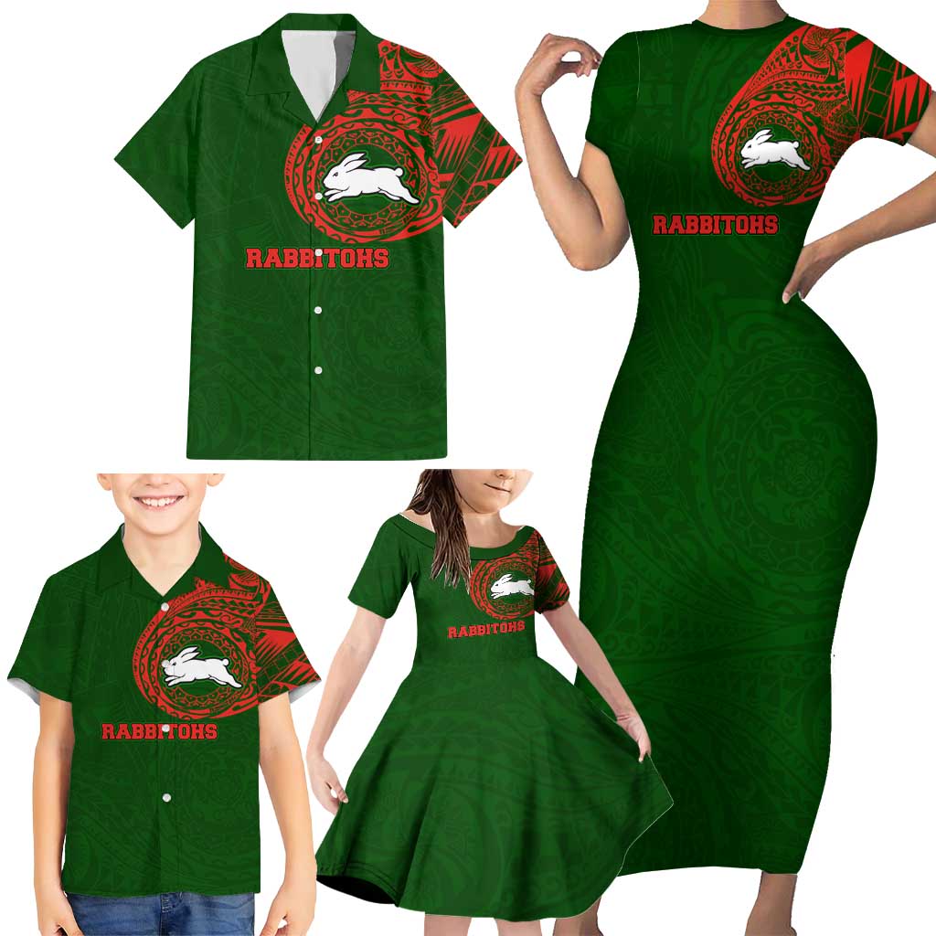 Personalized South Sydney Rabbitohs Family Matching Short Sleeve Bodycon Dress and Hawaiian Shirt Polynesian Tribal Chest and Sleeve Tattoo