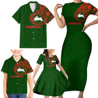 Personalized South Sydney Rabbitohs Family Matching Short Sleeve Bodycon Dress and Hawaiian Shirt Polynesian Tribal Chest and Sleeve Tattoo