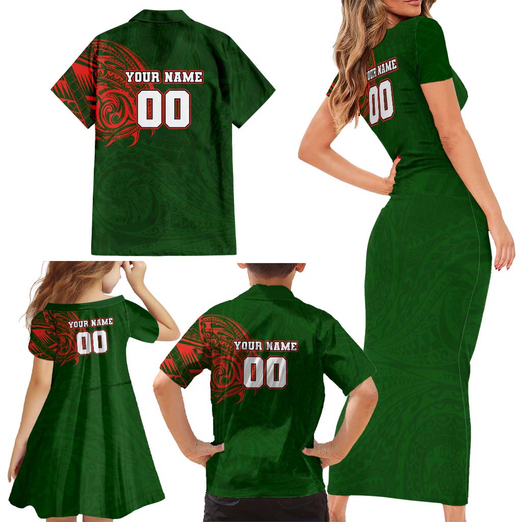 Personalized South Sydney Rabbitohs Family Matching Short Sleeve Bodycon Dress and Hawaiian Shirt Polynesian Tribal Chest and Sleeve Tattoo