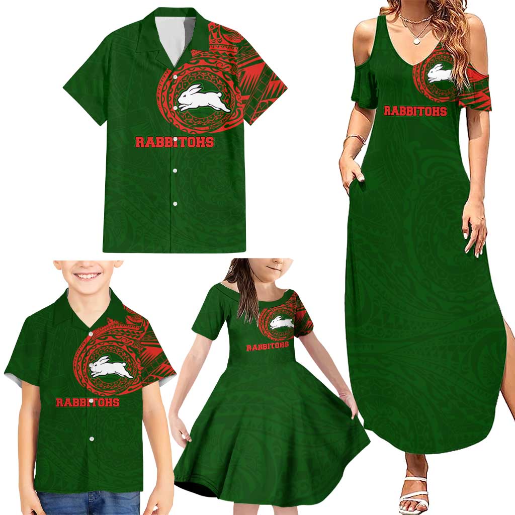 Personalized South Sydney Rabbitohs Family Matching Summer Maxi Dress and Hawaiian Shirt Polynesian Tribal Chest and Sleeve Tattoo