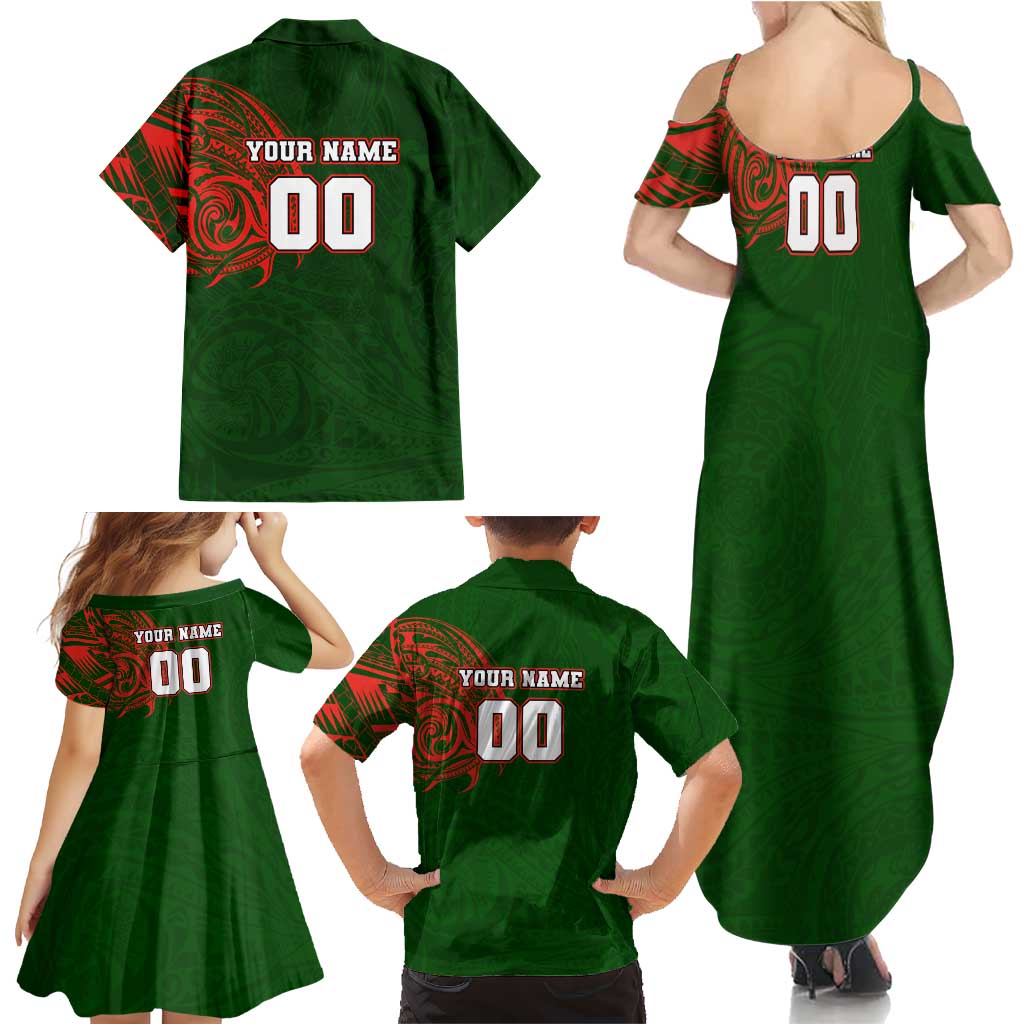 Personalized South Sydney Rabbitohs Family Matching Summer Maxi Dress and Hawaiian Shirt Polynesian Tribal Chest and Sleeve Tattoo
