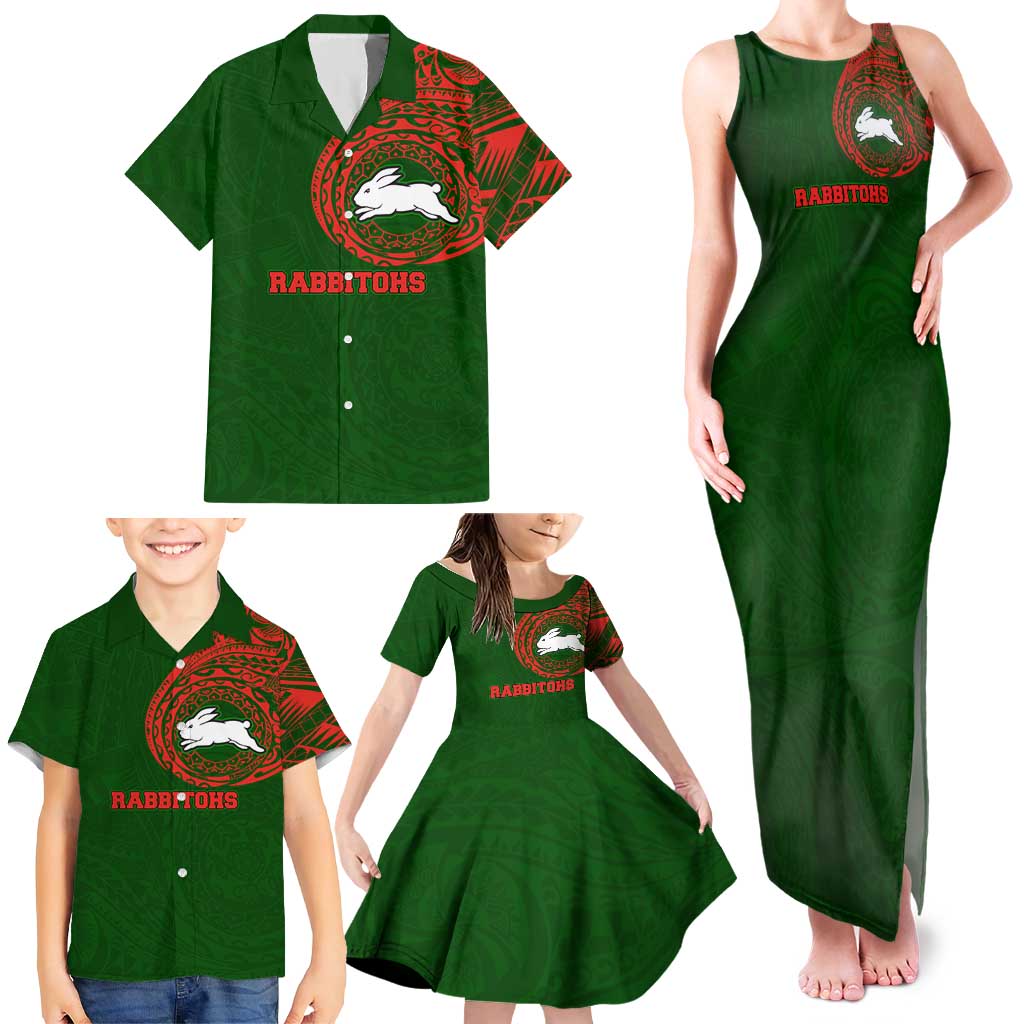 Personalized South Sydney Rabbitohs Family Matching Tank Maxi Dress and Hawaiian Shirt Polynesian Tribal Chest and Sleeve Tattoo